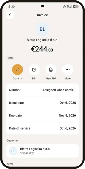 Draft invoice with Confirm, Edit and View PDF actions