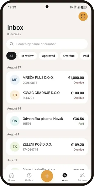 Inbox of received bills with review, approved, overdue and paid filters