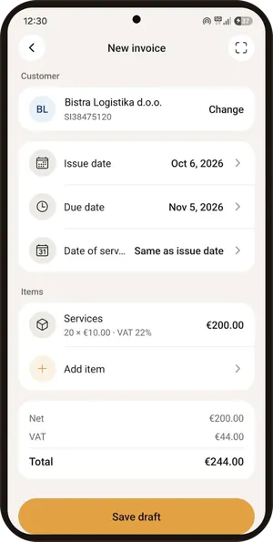 New invoice form with customer, dates, items and VAT totals